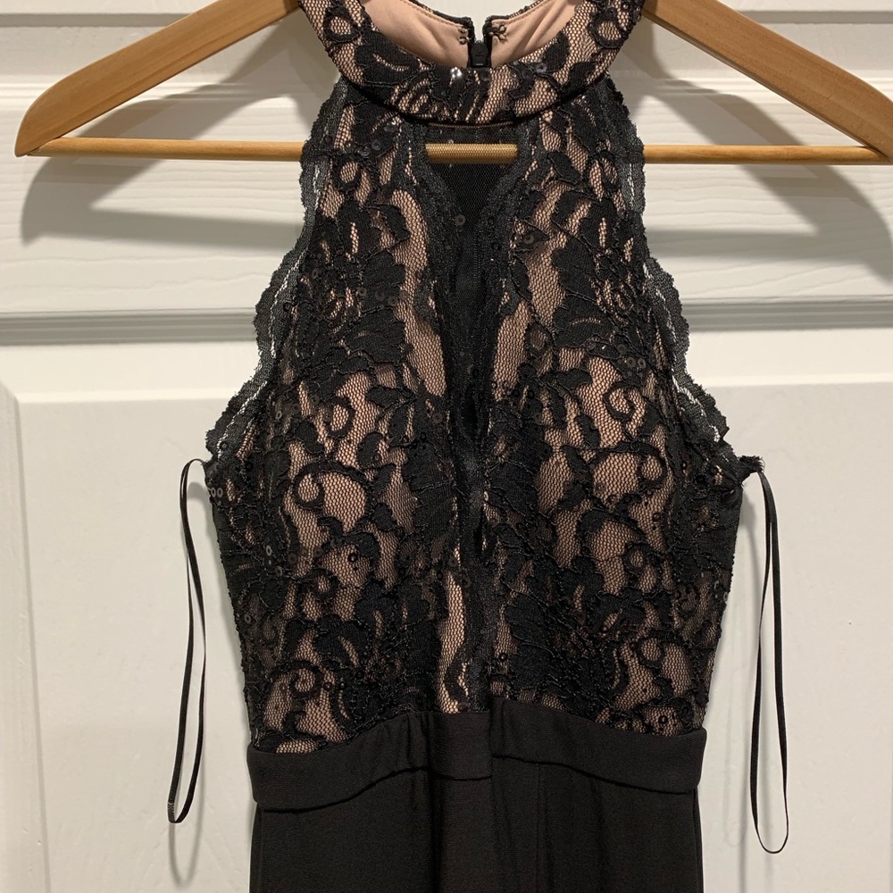 Long black party dress with top black lace